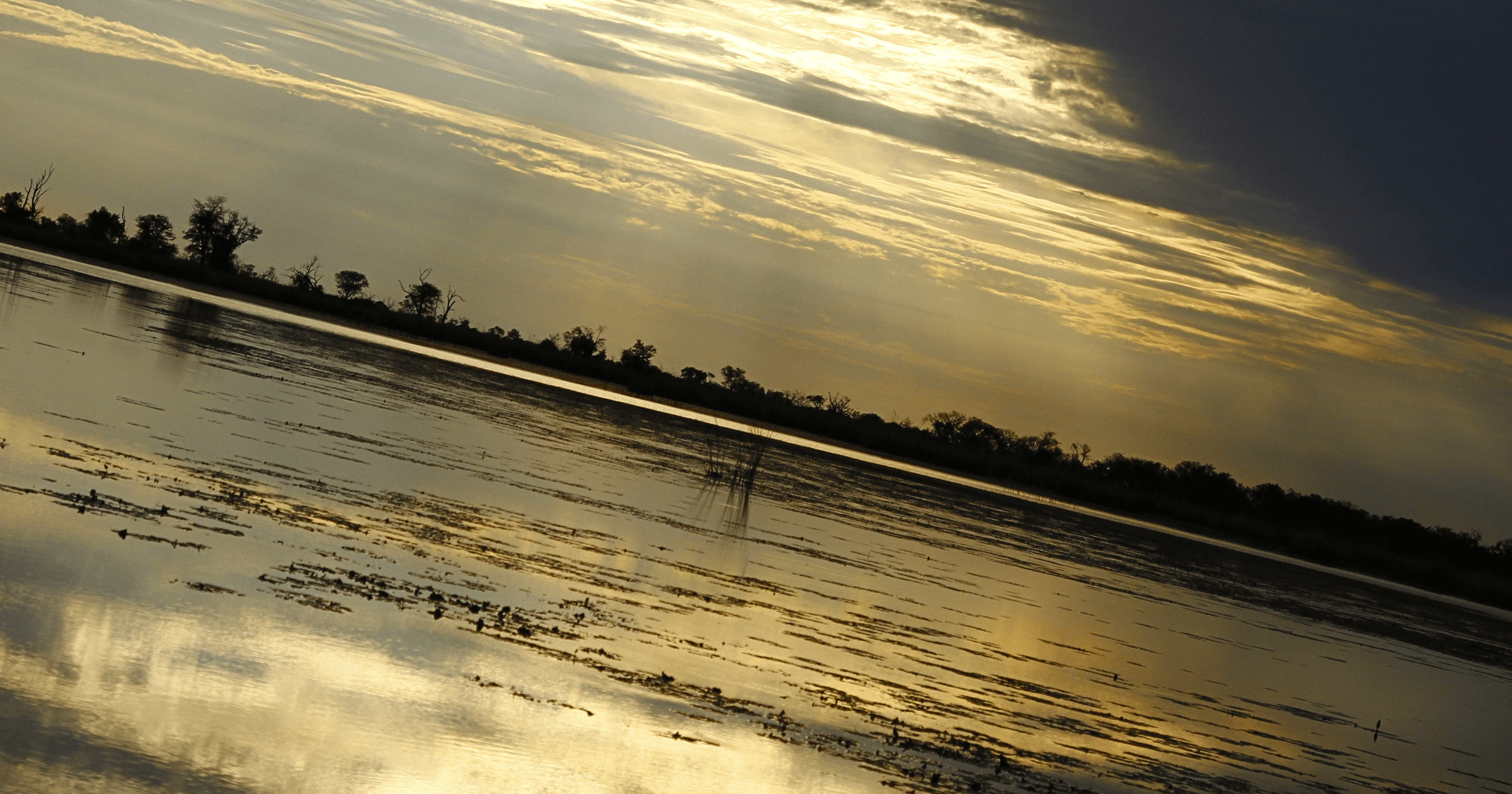 Paesaggio del Delta dell’Okavango al tramonto, con acqua calma e cielo riflesso, atmosfera silenziosa e non spettacolare tipica di un safari in Botswana