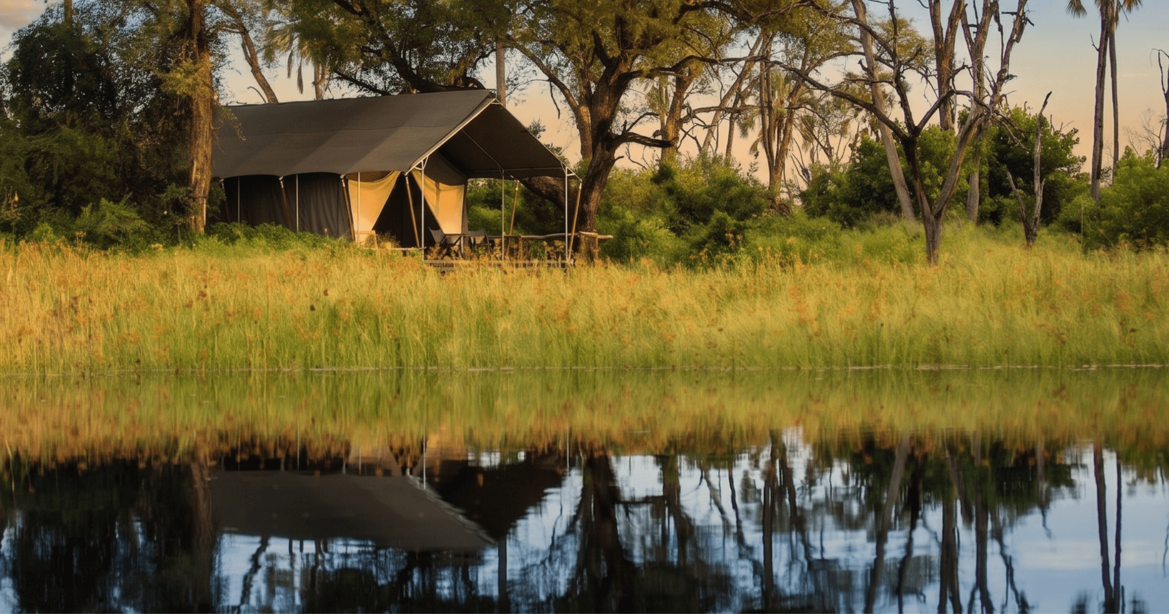 Safari di lusso in Botswana con jeep nella savana e luce morbida.