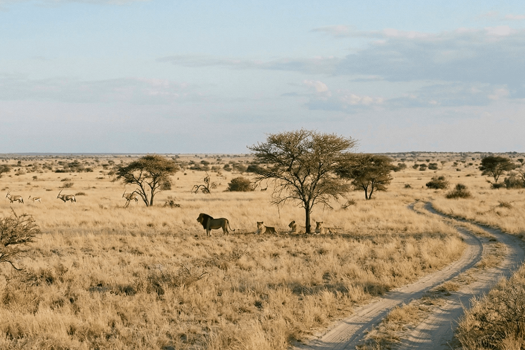 Paesaggio della Central Kalahari con orizzonti aperti e luce secca.